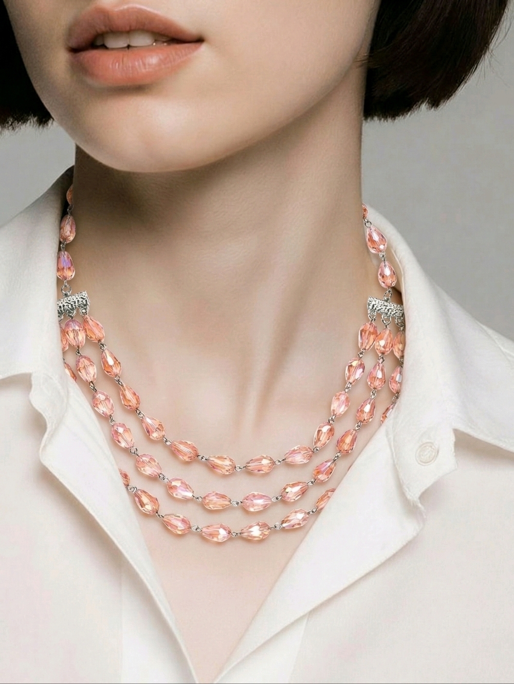 🆕️💗Simulated Pink Sapphire Beaded Layered Necklace  in Silvertone💗